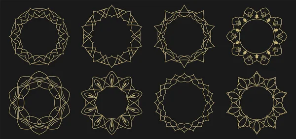 Siyah arkaplandaki dekoratif çerçeveler. Geometrik süsler. Çizgilerden ve dekoratif elementlerden oluşan yuvarlak sınırlar. Daire şeklinde. Davetiyeler ve tatil kartları için tasarım arkaplanı.