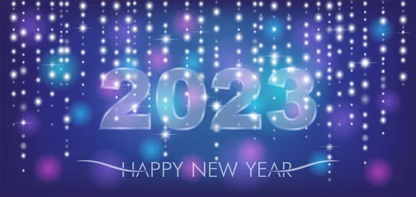 Numbers 2023 with a soft glow. Merry Christmas and Happy New Year. Dark blue background with luminescent stars and glowing garland. New Year greeting card or invitation. Vector illustration.