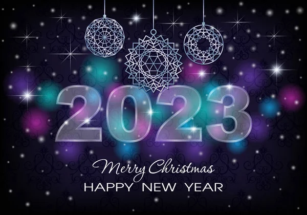 2023 'ü imzalayın. Yumuşak bir parıltı ve Noel toplarıyla. Mutlu Noeller ve mutlu yıllar. Parlak, parlak yıldızlı koyu mavi bir arka plan. Yeni yıl tebrik kartı ya da davetiyesi. Kıvrımlı ve parlak röfleli bir arka plan. Vektör illüstrasyonu.