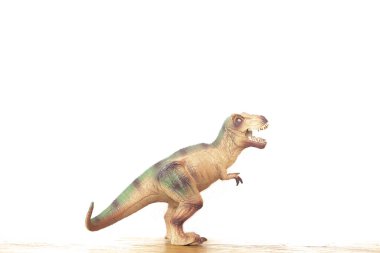 Beyaz arka planda izole edilmiş dinozorun yakın plan görüntüsü.