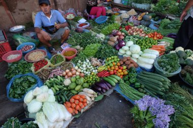 Adam Psar Nat sokak pazarında taze sebze satıyor Battambang Kamboçya