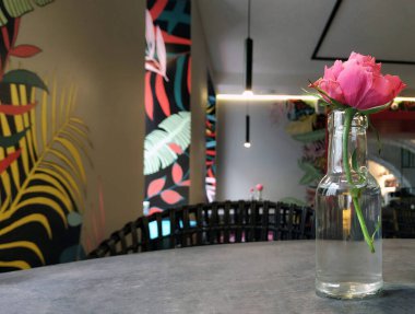 Minyatür bir vazodaki güzel, taze kırmızı bir gülün açık tomurcuğu kafenin içindeki yemek masasını süslüyor. Kafe salonunun iç tasarımı..