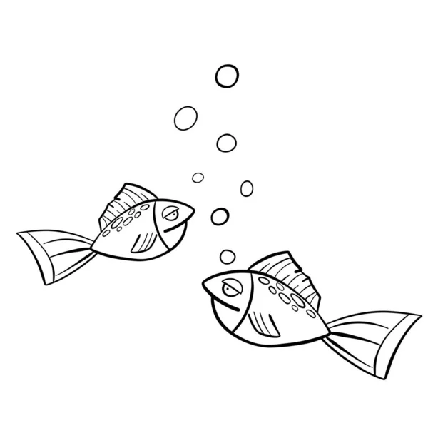 Set aus zwei Cartoon-Doodle-Fischen und Blasen — Stockvektor