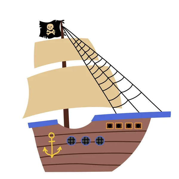 Nave pirata in legno per viaggi in mare con bandiera roger — Vettoriale Stock