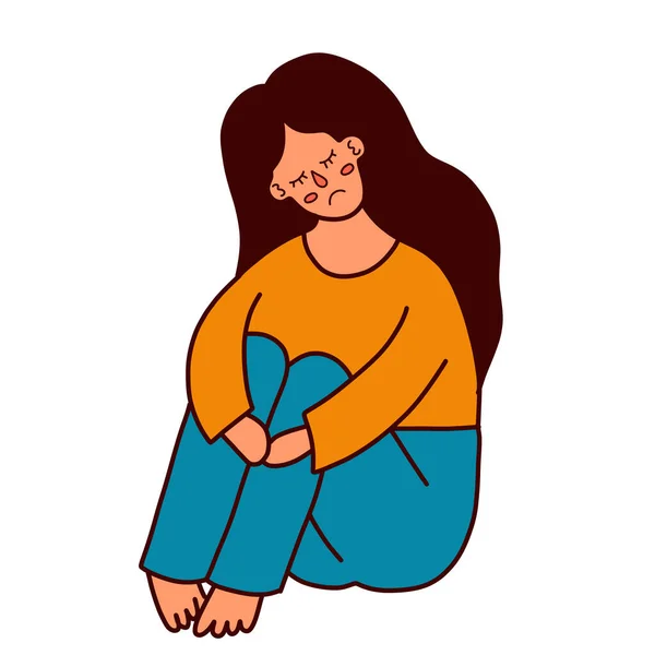 Sad girl with depression and hugging her knees — Stock Vector