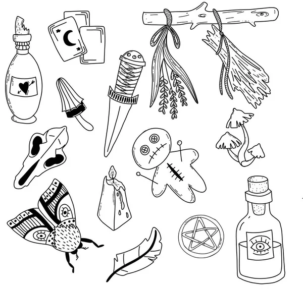 Conjunto de magia desenhada à mão, doodle vetor de bruxaria — Vetor de Stock