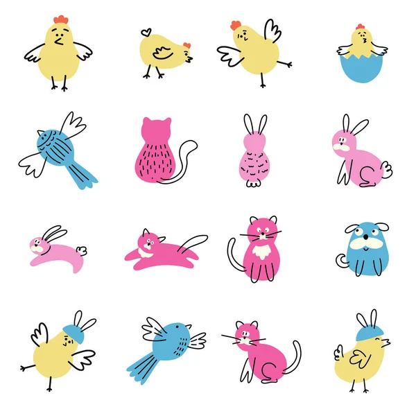 Kids Animals Birds Fingerprints Doodle Vector Illustration — Vector de stock