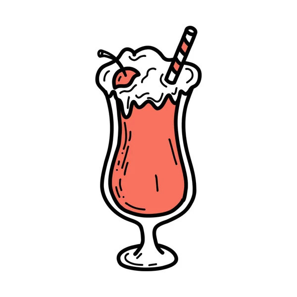 Doodle Milkshake Com Uma Cereja Topo Sue Coquetel Copo Ilustração — Vetor de Stock