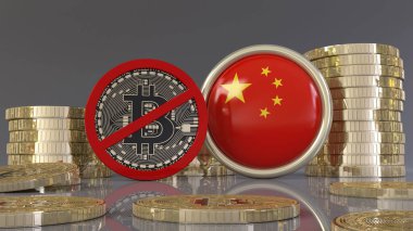 Üzerinde Çin bayrağı olan bir rozetin önünde yasak işareti olan bir bitcoin. Çin kavramı, tüm kripto para işlemlerinin yasadışı olduğunu duyurdu..