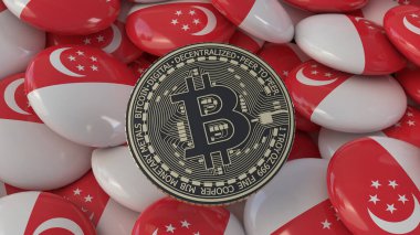 Singapur bayrağı taşıyan rozetlerin üzerinde 3D altın ve siyah metalik bitcoin resmi..