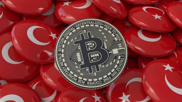 Representación Bitcoin Metálico Oro Negro Montón Insignias Con Bandera Turca —  Fotos de Stock