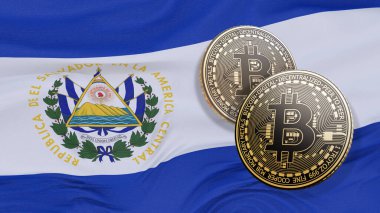 Salvador bayrağının önünde üç boyutlu iki bitcoin çizimi