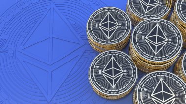 Mavi arkaplanda bir sürü altın ve siyah Ethereum madeni paralarının 3D görüntülenmesi