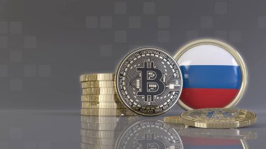 Rus bayrağı taşıyan bir rozetin önünde bazı metalik Bitcoin 'lerin 3D çizimi