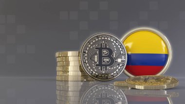 Kolombiya bayrağı taşıyan bir rozetin önünde bazı metalik Bitcoin 'lerin 3D çizimi