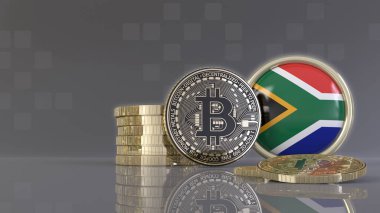 Güney Afrika bayrağı taşıyan bir rozetin önünde bazı metalik Bitcoin 'lerin 3D çizimi