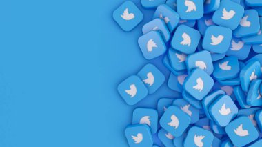 Üç boyutlu twitter kare rozetlerini açık mavi arkaplan üzerine yerleştirme