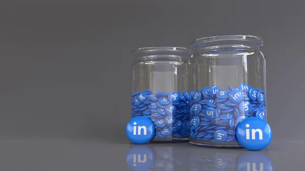 Rendering Glass Jars Filled Lots Glossy Linkedin Pills — Stock Photo, Image