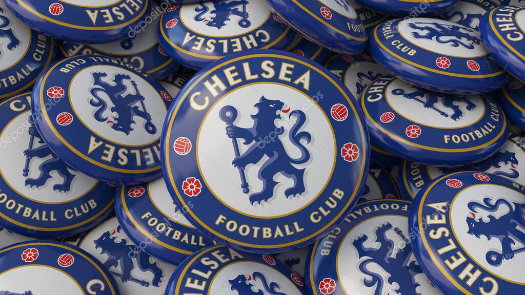 3d rendering of a lots of badges with te Logo of Chelsea Football Club - English Soccer Team