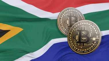 Güney Afrika bayrağının önünde üç boyutlu iki bitcoin çizimi