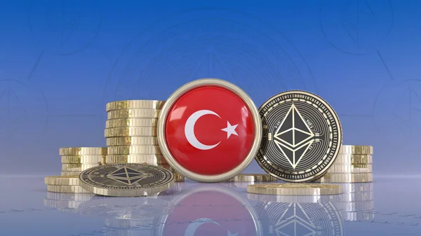 Ztvárnění Některých Ethereum Mincí Obklopujících Odznak Tureckou Vlajkou — Stock fotografie