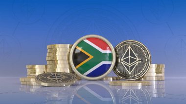 3d rendering of some Ethereum coins surrounding a badge with the South African flag