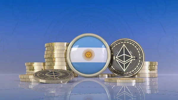 Rendering Some Ethereum Coins Surrounding Badge Argentinean Flag — Stok fotoğraf