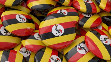 3d rendering of a lot of badges with the flag of Uganda in a close up view