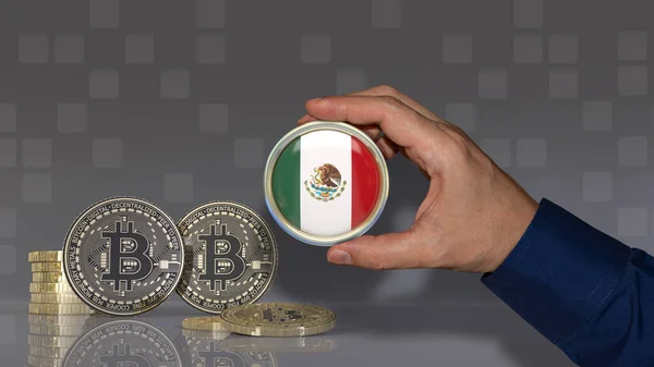 Hand Holding Badge Mexican Flag Front Some Bitcoins Crypto Currency — Stock Fotó