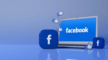 Bir dizüstü bilgisayarın önünde iki kare Facebook rozetinin 3 boyutlu canlandırması