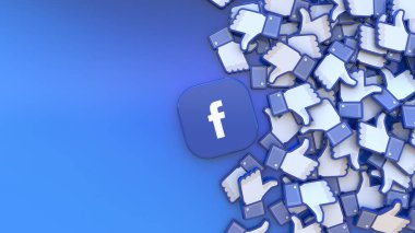 Mavi arka planda bir grup simge ile çevrili bir Facebook rozetinin 3 boyutlu canlandırması