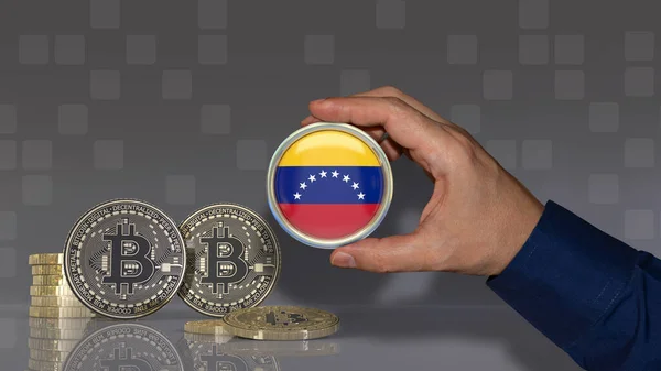 Egy Kéz Egy Jelvénnyel Venezuelai Zászlóval Néhány Bitcoin Előtt Kripto — Stock Fotó