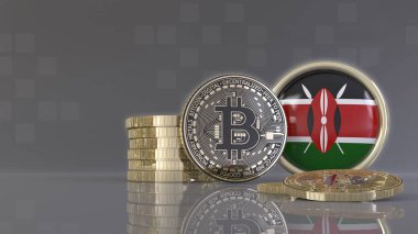 Kenya bayrağı taşıyan bir rozetin önünde üç boyutlu metalik Bitcoin tasarımı