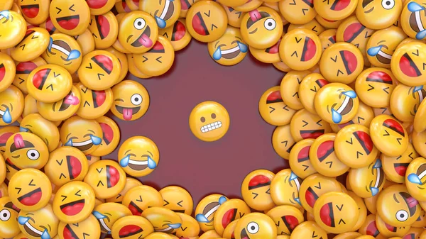 Utandırılmış Bir Diğerini Çevreleyen Bir Grup Gülen Emojinin Boyutlu Görüntüsü — Stok fotoğraf