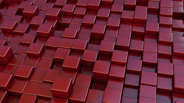 Perspective view of a wall made with red cubes. 3D rendering.