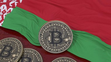 Metalik Bitcoin 'in Belarus bayrağı üzerinde 3D görüntülenmesi