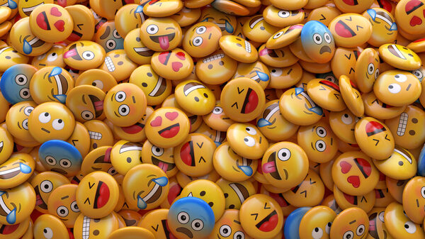 3D rendering of a bunch of emojis with faces representing different emotions.