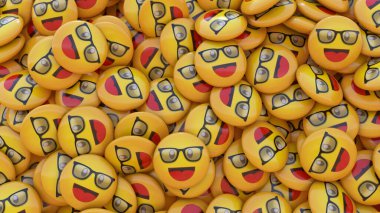 Gözlüklü ve mutlu yüzlü bir sürü emojinin 3 boyutlu çizimi.