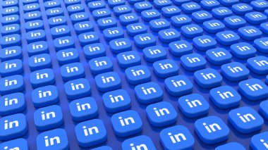 Mavi arka planda Linkedin logosu olan kare rozetler..