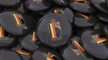 Belçika Kraliyet Futbol Federasyonu 'nun logosuna sahip bir sürü rozetin 3D çizimi