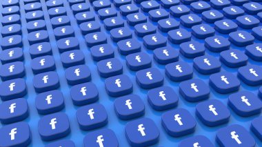 A bunch of square badges with the logo of Facebook arranged on a blue background.