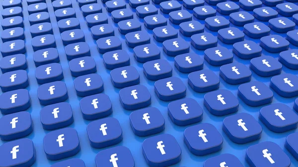一堆印有脸书标识的正方形徽章 背景为蓝色 — 图库照片