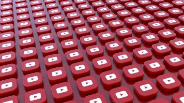 A bunch of square badges with the logo of Youtube arranged on a Red background.