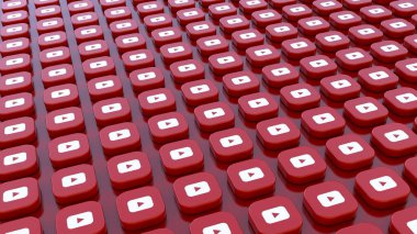 A bunch of square badges with the logo of Youtube arranged on a Red background.