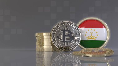 Üzerinde Tacikistan bayrağı olan bir rozetin önünde bazı metalik Bitcoin 'lerin 3D çizimi