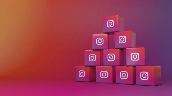 Renderização Uma Pilha Logotipos Cúbicos Instagram Sobre Fundo Colorido — Fotografia de Stock