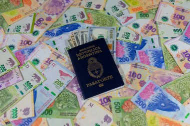An Argentine passport with dollars and Euros inside on Argentine Peso banknotes.