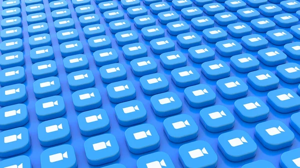 Ένα Μάτσο Τετράγωνα Σήματα Λογότυπο Της Εφαρμογής Zoom Τοποθετημένα Μπλε — Φωτογραφία Αρχείου