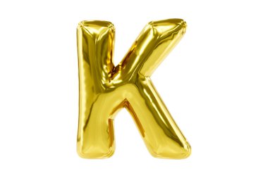 Altın parti yazı tipi metellik altın harf K gerçekçi helyum balonundan yapılmış, 3 boyutlu illüstrasyon..