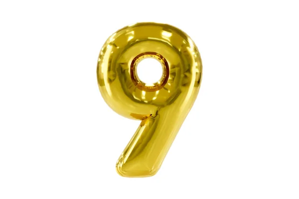 Gyllene nummer 9 tillverkad av realistisk heliumpartyballong, Premium 3D illustration. Stockbild